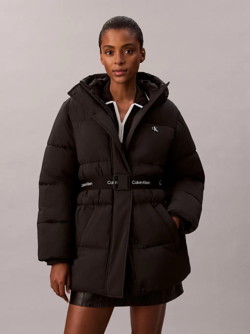 CK · BELTED MIDWEIGHT PUFFER · שחור