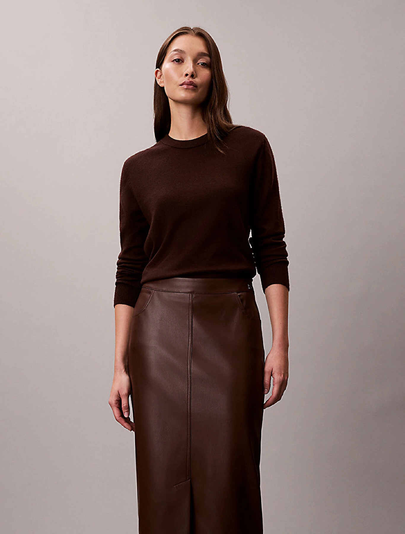 CK · LV047E603G 2IN Faux Leather Midi Skirt · חום — Hawaii